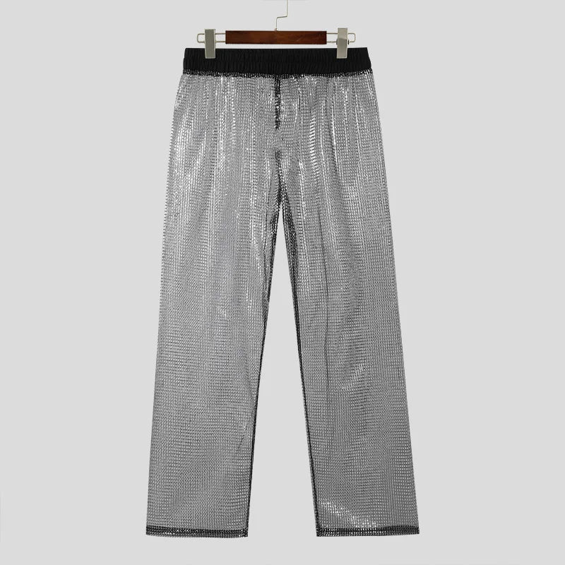 INCERUN 2024 American Style Men's Pantalons Sexy Glitter Fabric Perspective Long Pants Casual Fashion Breathable Trousers S-5XL