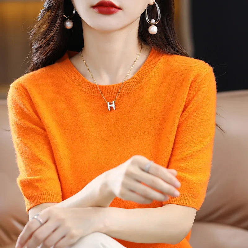 2025 New Spring Summer Women Sweater Short Sleeve O-Neck Pullover 100% Merino Wool Pure Color Knitted Jumper Female Clothing