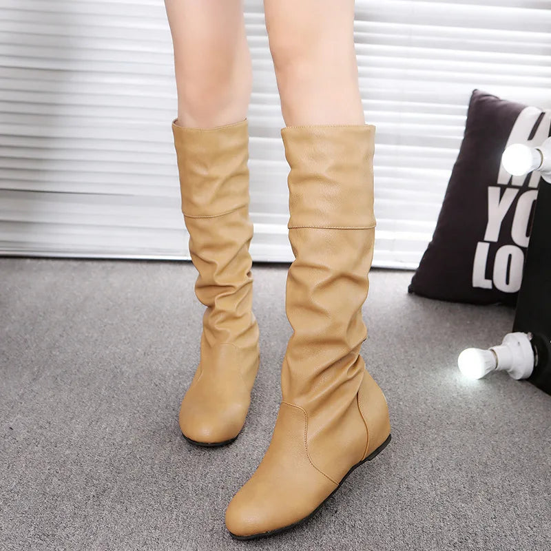 Women's Boots Fashion Designer Pleated Casual Leather Boots 2025New Women Knee High Boot Outdoor Non Slip Flat Boots Botas Mujer