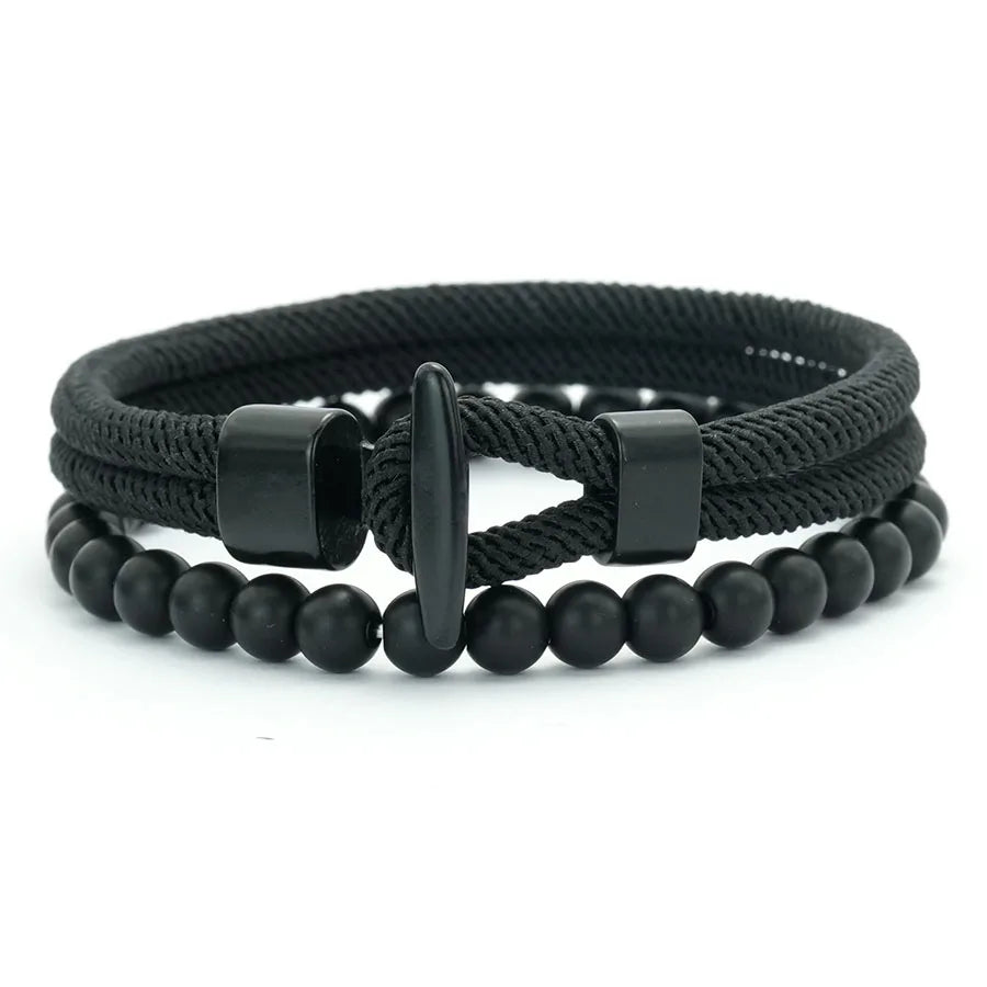 Classic 2Pcs Rope and Beaded Bracelet for Men Handmade Easy Hook Rope Natural Malachite Casual Nautical Jewelry Set Pulseria