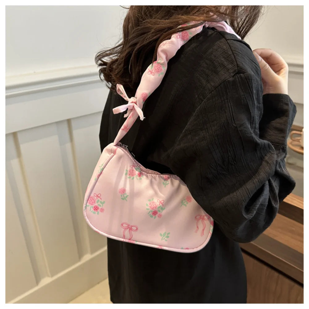 New Drawstring Aesthetic Floral Bag Large Capacity Pleated Strap Underarm Bag Adjustable Strap Zipper Closure Chic Hobo Bag