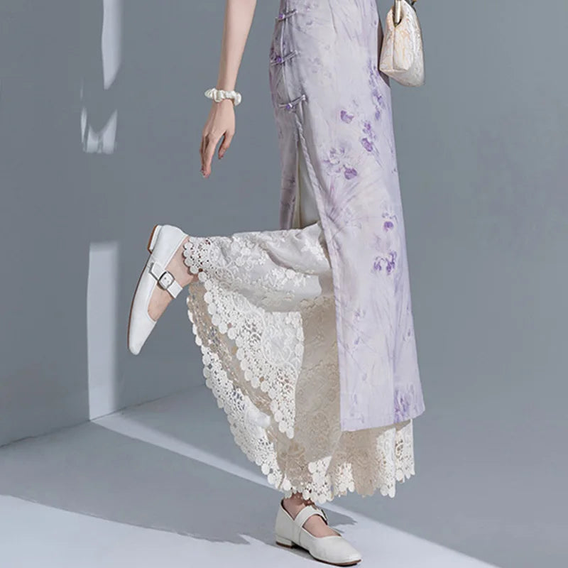Non- Static Embroidered Lace  Base Pant High Waist Long Pants Polyester Cotton Blend Comfortable Stretchy Skirt