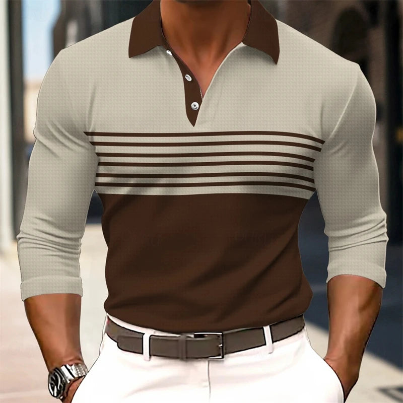 Simple Fashion Striped Polo Shirts For Men Trendy Autumn Long Sleeve Lapel Button Golf Polo Shirt Casual Oversized Tees Tops