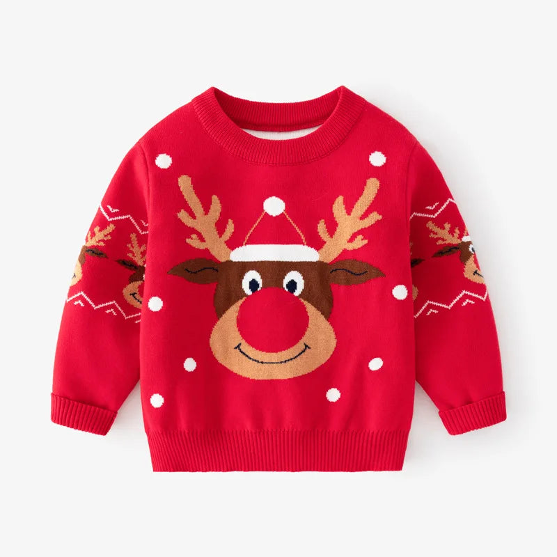 Winter Thickened Children's Sweater Boys And Girls Double Deer Jacquard Kid Sweater Knitted Red Christmas Decoration Clothing