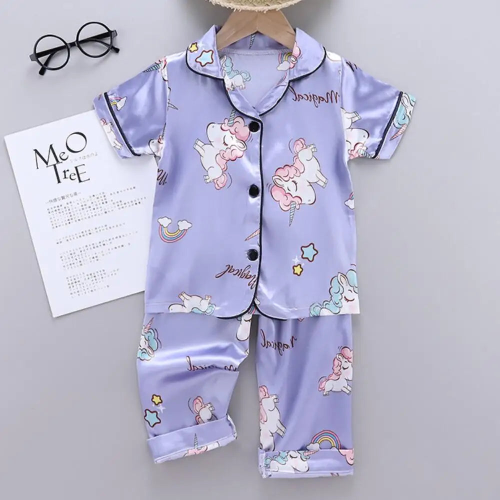 Girls Pajamas Pants Set Summer Air-Conditioned Clothing Toddler Boys Lce Silk Satin Cartoon Unicorn Nightgown 2pcs Outfit
