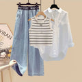 Women 2026 Spring Summer New Sunscreen Shirt+Striped Vest+Wide Leg Jeans 3 Piece Suit Korean Elegant Denim Pants Matching Set