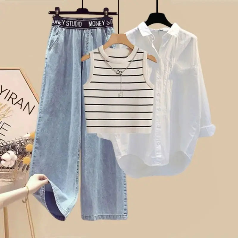 Women 2026 Spring Summer New Sunscreen Shirt+Striped Vest+Wide Leg Jeans 3 Piece Suit Korean Elegant Denim Pants Matching Set