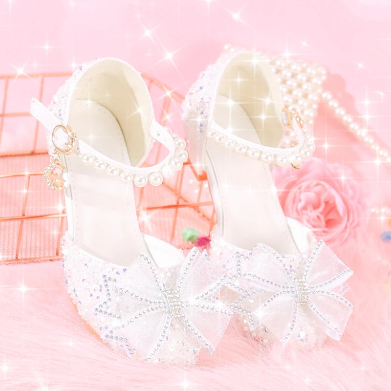 Children's high heels female crystal shoes princess little girl catwalk white with dress show host shoes girl