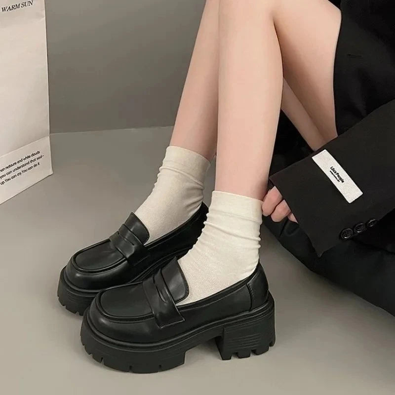 Women's Marry Jane Loafers Shoes Spring Autumn Platform Shoes Slip-on Loafers Fashion PU Leather Shoes Women Flats Black