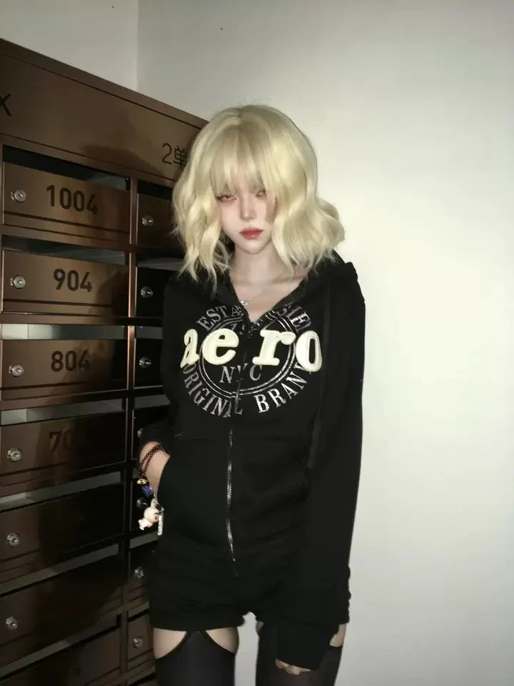 Vintage Letter Graphic Punk 2000s Girl Y2k Hoodie Zip-up Korean Sweet Cropped Slim Sweatshirts Casual Female Blusas Goth Hooded