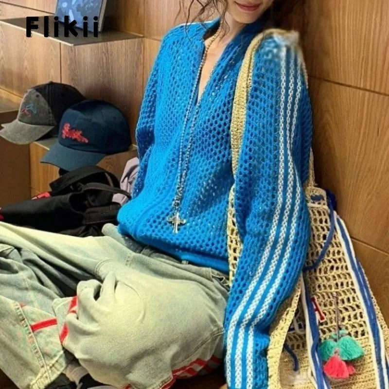 2025 Summer Casual Street Knitting Long Sleeve Zipper Cardigans Korean Fashion T-Shirts Striped Women Knitted Hollow Out Coat