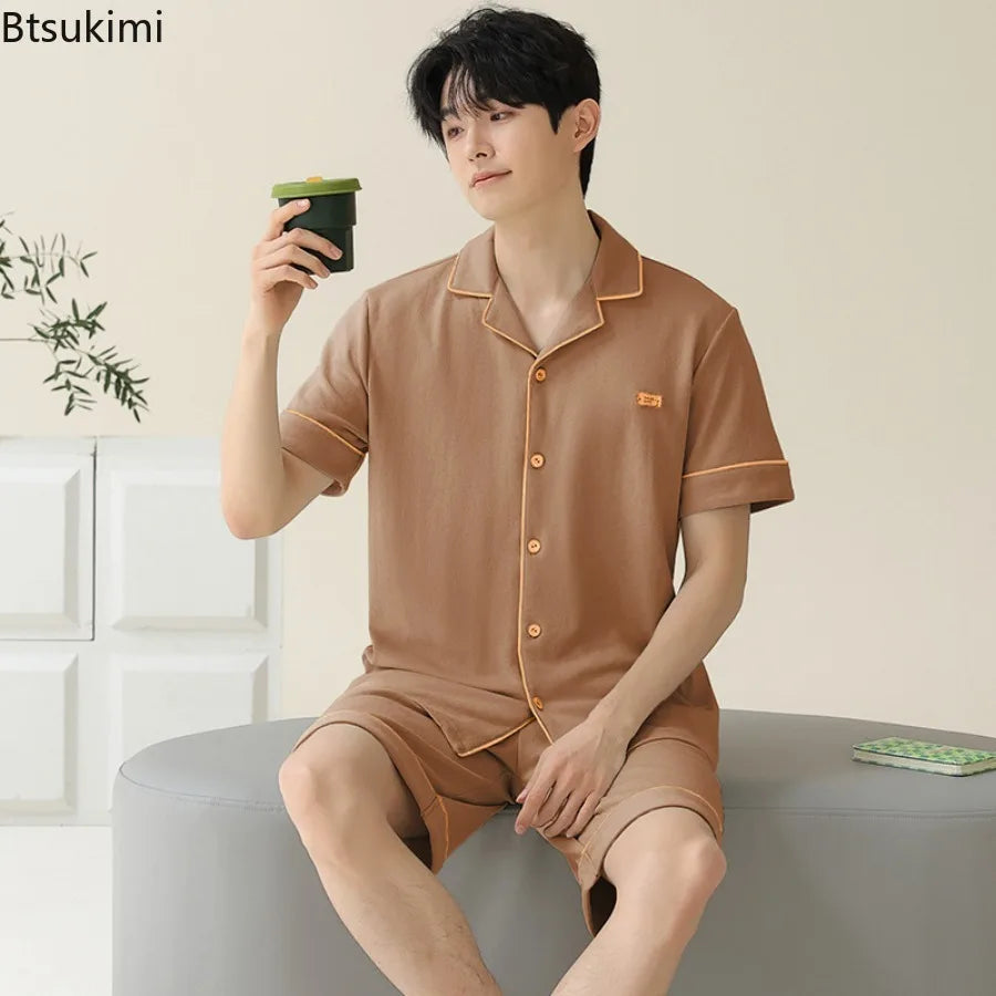 Pajamas for Men Spring Autumn Long Sleeve Lapel Button-up Cardigan Trousers Two-pieces Loose Casual Home Clothes Men Pajama Sets
