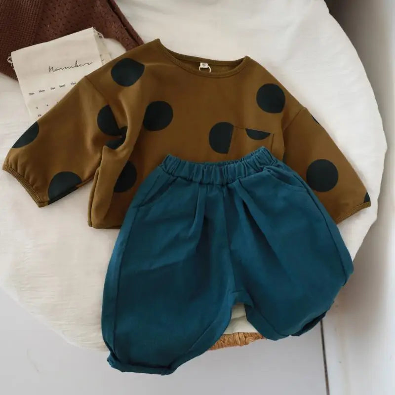 Korean Children Boy Sweatshirt Cotton Retro Dot Printed Toddler Kid Boyd Basic Shirts Loose Round Collar Kids Baby Boy Pullovers