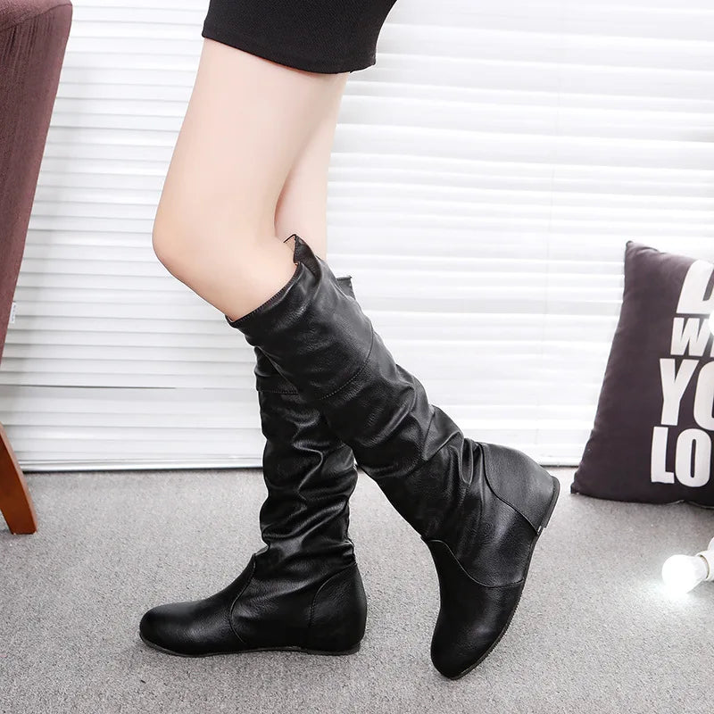 Women's Boots Fashion Designer Pleated Casual Leather Boots 2025New Women Knee High Boot Outdoor Non Slip Flat Boots Botas Mujer