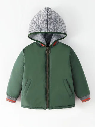 Boys Army Green Thick Padded Jacket Kids Contrast Knit Hood Zipper Warm Winter Outerwear