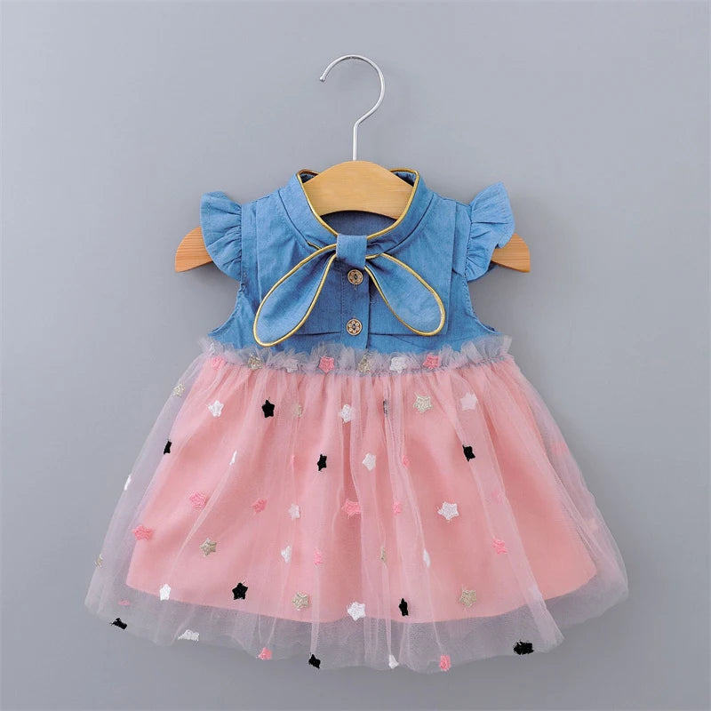 Baby Girls Dresses Summer 1-4Years Kids Tulle Dress Ruffles Sleeve Denim Cotton Mesh Toddler Children Clothing Casual Wear A458
