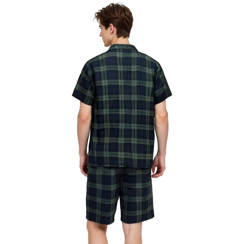 Mens Pajamas Set for Summer Short Sleeve Button Down Shirts Shorts Plaid PJ Set Soft Lounge Set Sleepwear M-XL