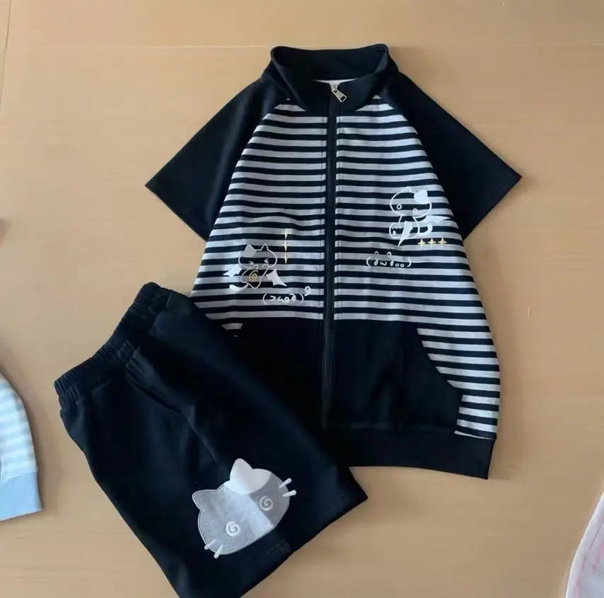 Y2k Japanese Short Sleeve Hoodie Sweet Women Casual Bodycon Kawaii Top Stand Collar Cat Embroidery Zipper Spring Summer