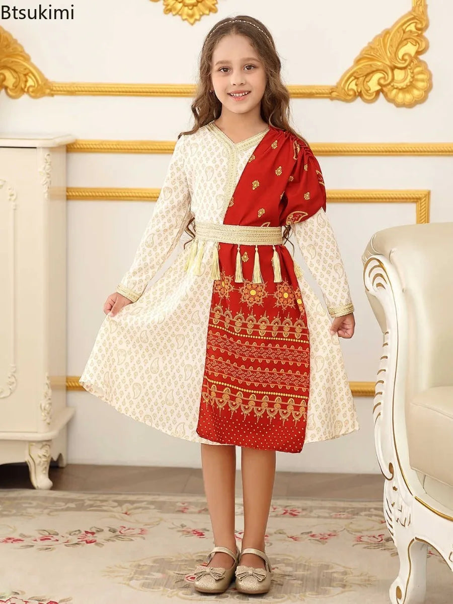 Kids Clothes Middle East Girls Dress Muslim Fashion Abayas Arabic Dubai Tassel Lace-up Gowns Islam Indian Wedding Party Dresses