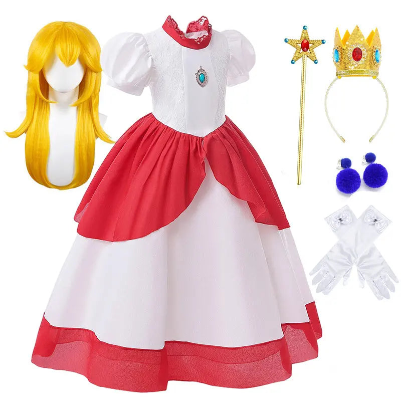 Kid White Peach Costume Princess Costume Plumber Adventure Girls Cosplay Apparel Halloween Video Game Victory Bonus Lolita Dress