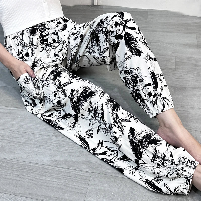 Cool Summer New Silk Cotton Spwear Loose Women's Wide Leg Pants Home Wear Floral Print Heat Resistant Comfortable Casual T...