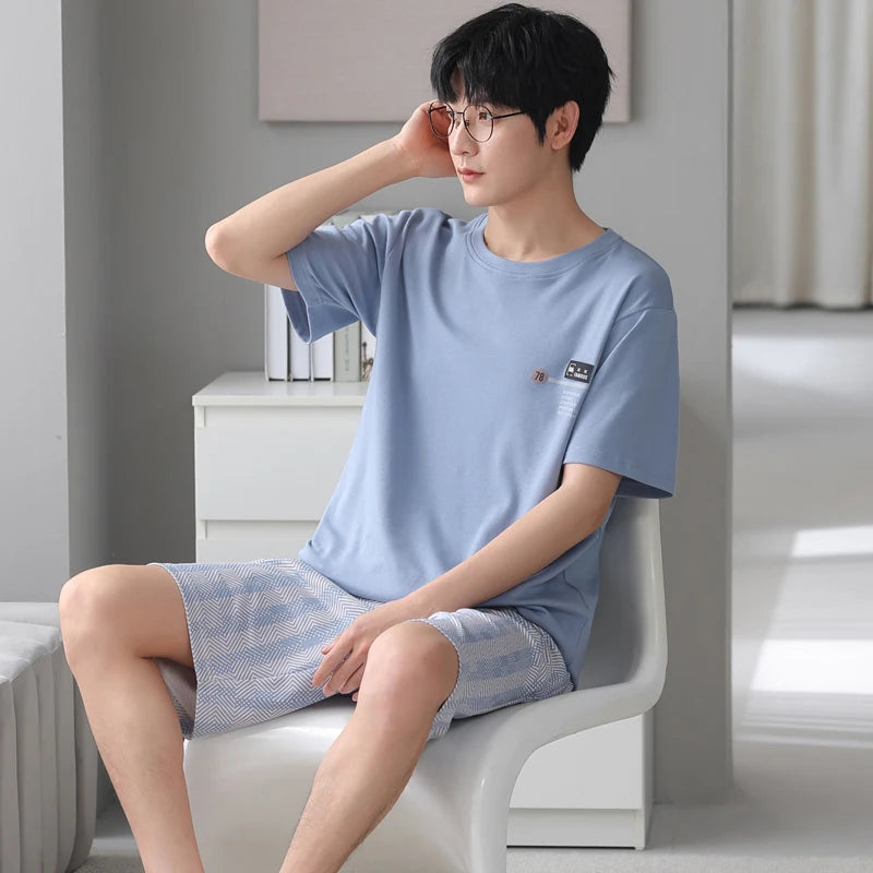 MiiOW 2Pcs Men's Pajamas Set Summer O-neck Mens Short Sleeve Homewear Big SIze L-3XL Man Sleepwear Cotton Breathable Men Pajamas