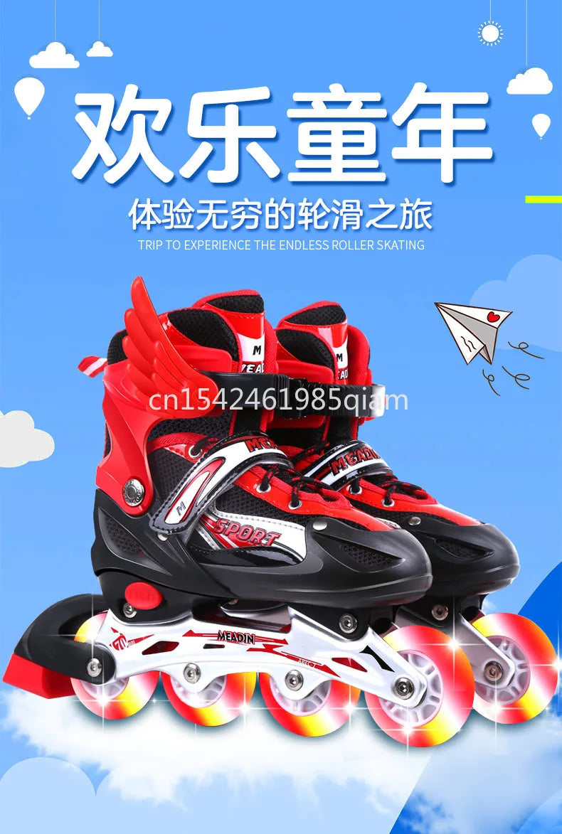 Children Boys Girls Practice Sport Adjustable Kids Roller Skates with Single Flash Light Wheels, Outdoor Inline Skates