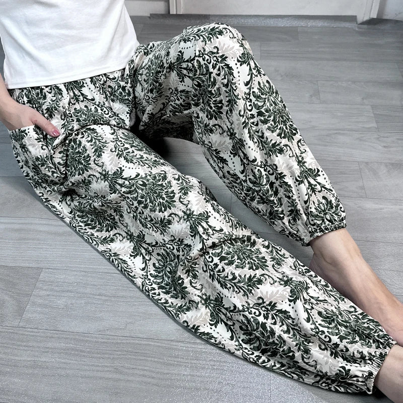 Cool Summer New Silk Cotton Spwear Loose Women's Wide Leg Pants Home Wear Floral Print Heat Resistant Comfortable Casual T...
