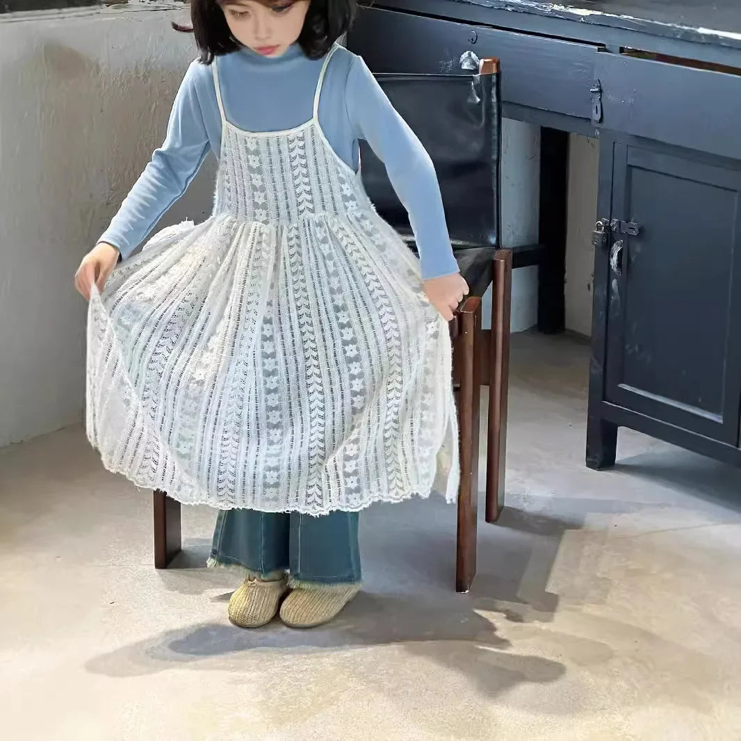 Girl Casual Dresses Autumn Winter Childrens Clothing New Korean 2026 Lace Camisole Skirt Washing Retro Make Old Jeans