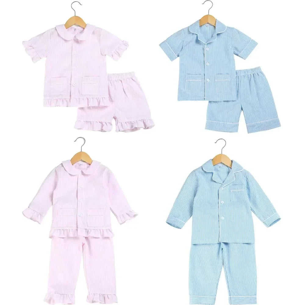 Ruffkids 100% Cotton Summer Kids Pajamas Sleepwear Seersucker Striped Matching Pjs Boys Clothes Loungewear Girls Pyjamas Set