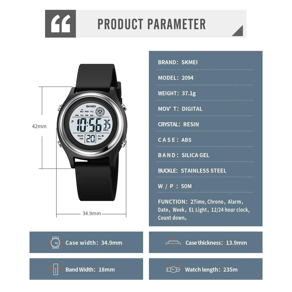 SKMEI 2094 Luxury Womens Digital Wristwatch Stopwatch Lady Waterproof Shockproof Back Light Countdown Watches for Women Reloj