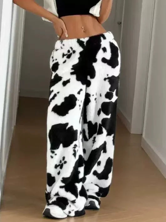 Women Casual Trousers Elastic Waistband Drawstring Tie Pajama Bottoms Leopard Print Wide Leg Lounge Pants