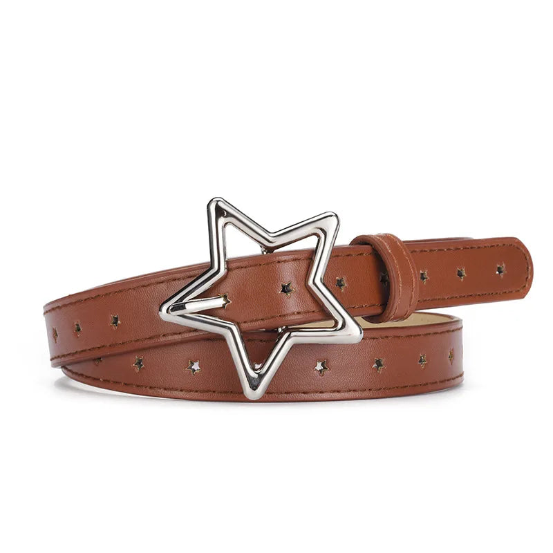 1.8x93cm Children Kids Five-pointed Star Metal Snap PU Leather Belt Girls Boys Silver Buckle Waistband Pants Decor Waist Belt