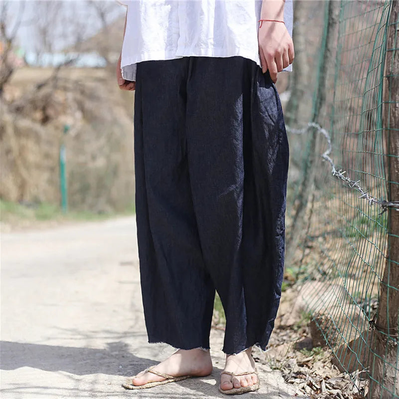 Johnature 2025 New Women Dark Blue Jeans Mid Elastic Waist Pants Summer Solid Color Loose Vintage Ankle-Length Pants