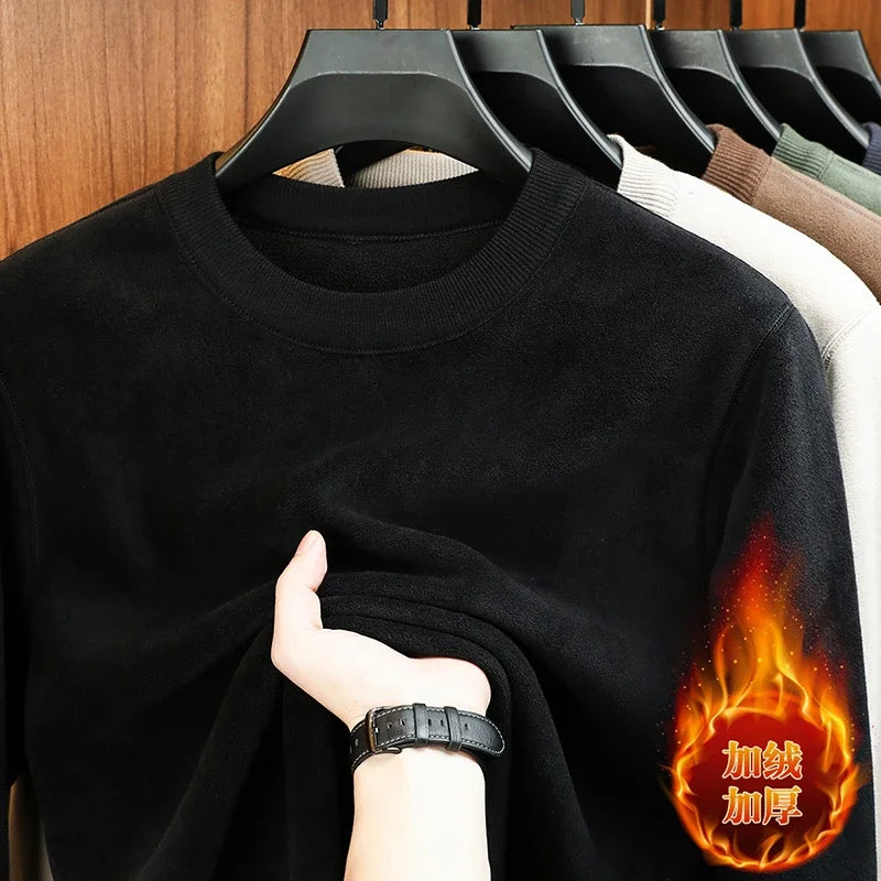 Autumn and Winter Men's Velvet Hoodie Long Sleeve Round Neck Solid Color Fashion Casual Versatile Top