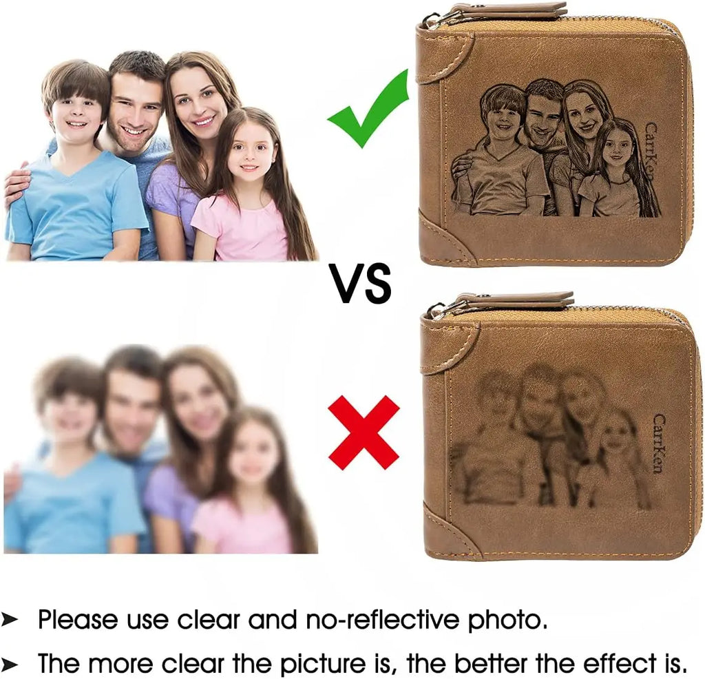 Personalized Custom Photo Wallets for Men, Engraved Customized Zipper Bifold Picture Wallet Fathers Day Birthday