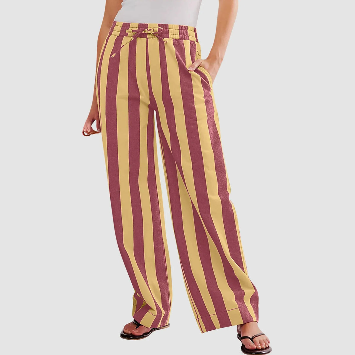 Women Casual Baggy Trousers Striped Color Blocking High Waist Wide Leg Pants Pockets Summer Lightweight Palazzo Pajama Bottom