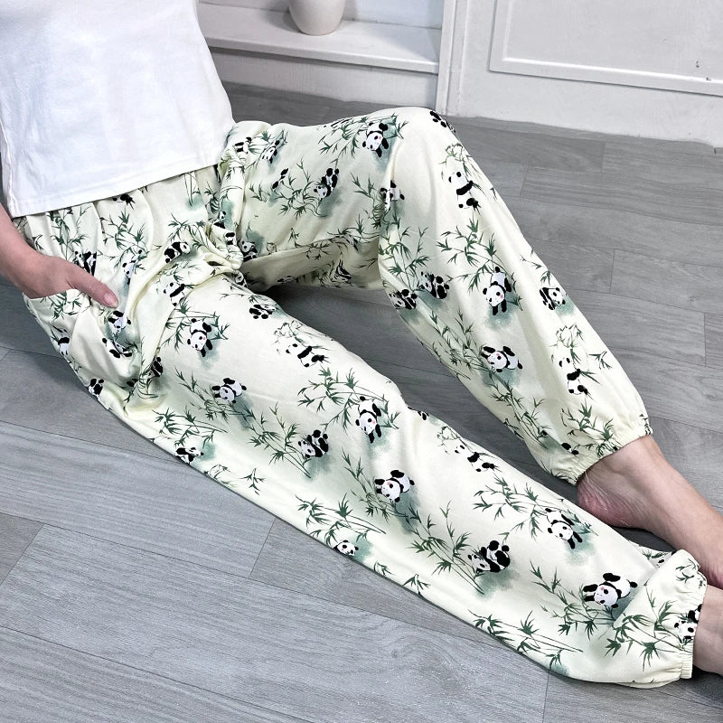 Cool Summer New Silk Cotton Spwear Loose Women's Wide Leg Pants Home Wear Floral Print Heat Resistant Comfortable Casual T...