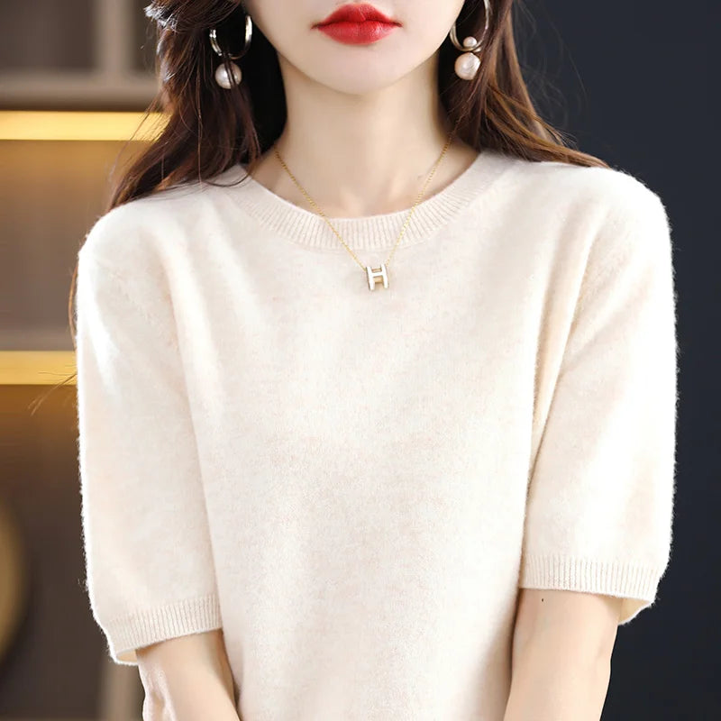 2025 New Spring Summer Women Sweater Short Sleeve O-Neck Pullover 100% Merino Wool Pure Color Knitted Jumper Female Clothing