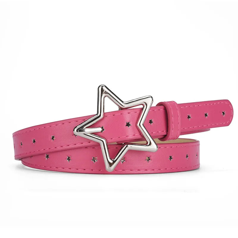 1.8x93cm Children Kids Five-pointed Star Metal Snap PU Leather Belt Girls Boys Silver Buckle Waistband Pants Decor Waist Belt