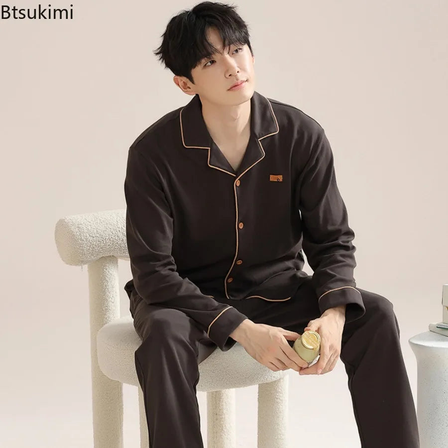 Pajamas for Men Spring Autumn Long Sleeve Lapel Button-up Cardigan Trousers Two-pieces Loose Casual Home Clothes Men Pajama Sets