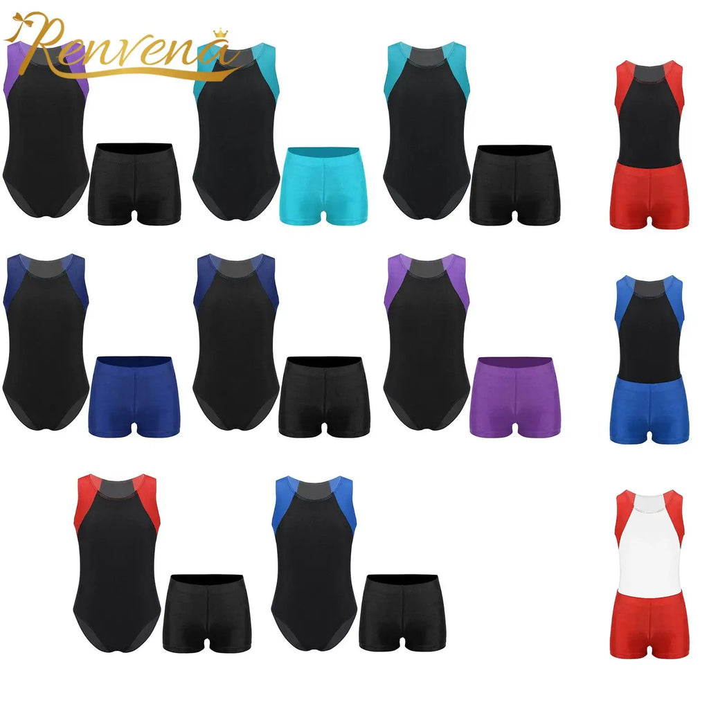 Kids Boys Sports Dance Outfits Gymnastics Leotards with Shorts Fitness Suit Stretchy Bodysuit Sportswear Gym Training Sport Sets