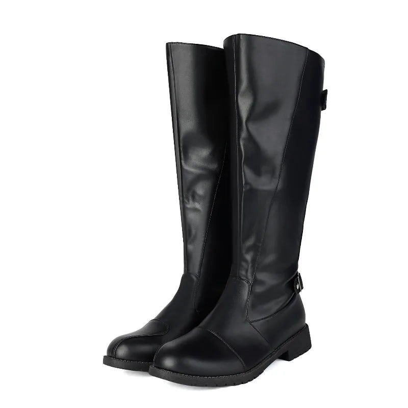 Men Knee High Boots Belt Buckle Long Boots Round Toe Thick Heel Mid-Calf Boots Fashion Motorcycle Boot Zipper Leather Men Shoes