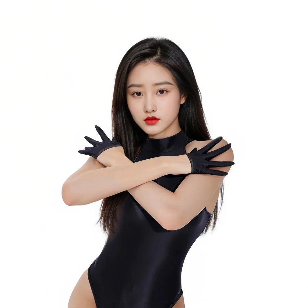 Sexy Women Stain Smooth Half Gloves Oil Glossy Shiny Elastic Glove Cosplay Maid Dance Gloves Stage Wear Plus Size