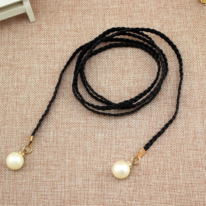 [F] Women Simple PU Leather Belt Boho Tassel Braided Self-Tie Belt Thin Waist Rope Belt