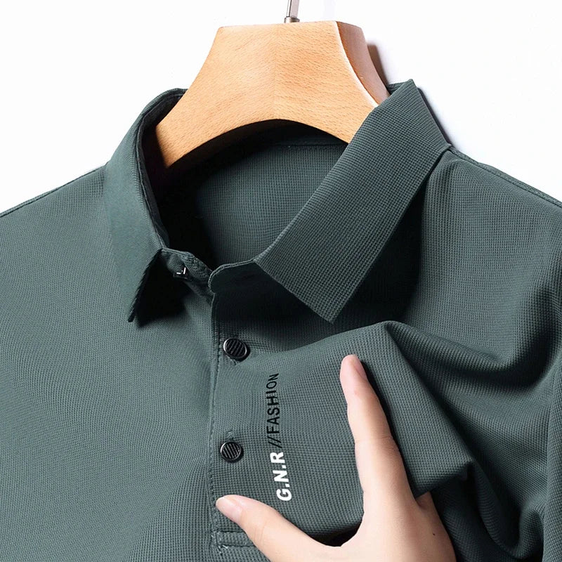 Men's Short Sleeve Solid Color Polo Shirt New Breathable Comfortable Elastic Top for Casual Wear