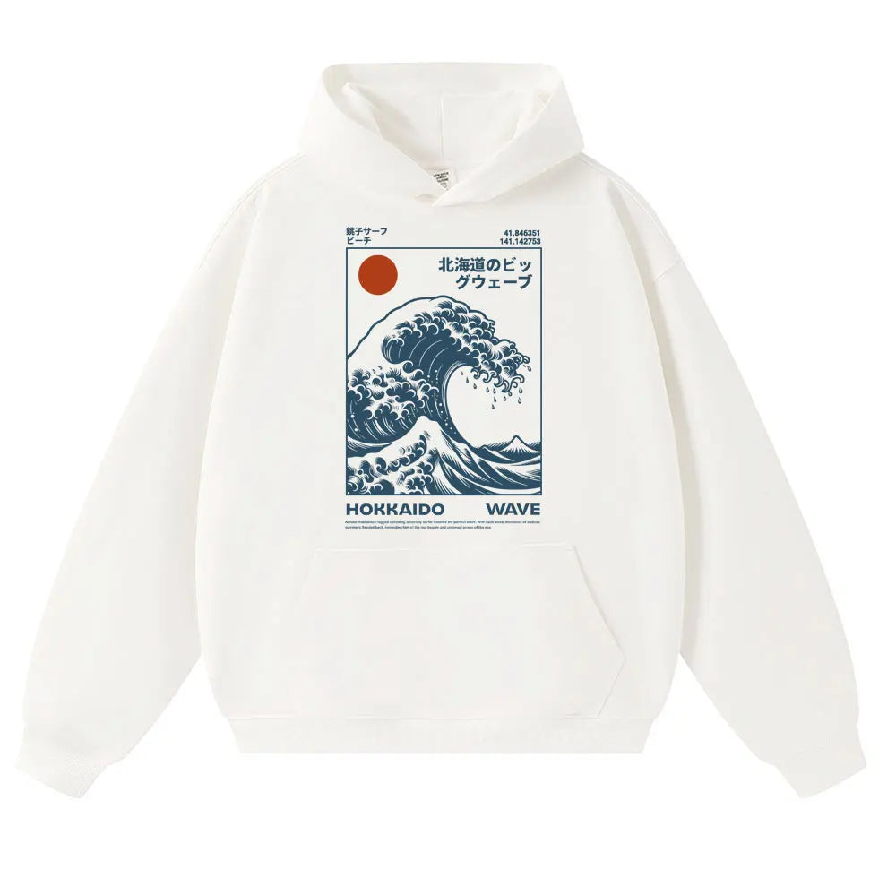 Japanese Style Hokkaido Wave Vintage Hoodie Men Women Harajuku Fashion Hoody Sweatshirt Oversized Autumn Winter Casual Sportwear