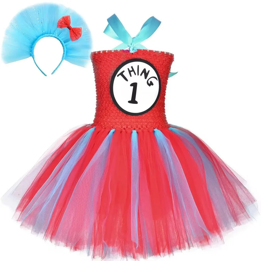 Thing 1 and Thing 2 Costumes Kids Sky Blue Red Tulle Tutu Dress Up Clothes Toddler Girls Halloween Birthday Party Princess Dress