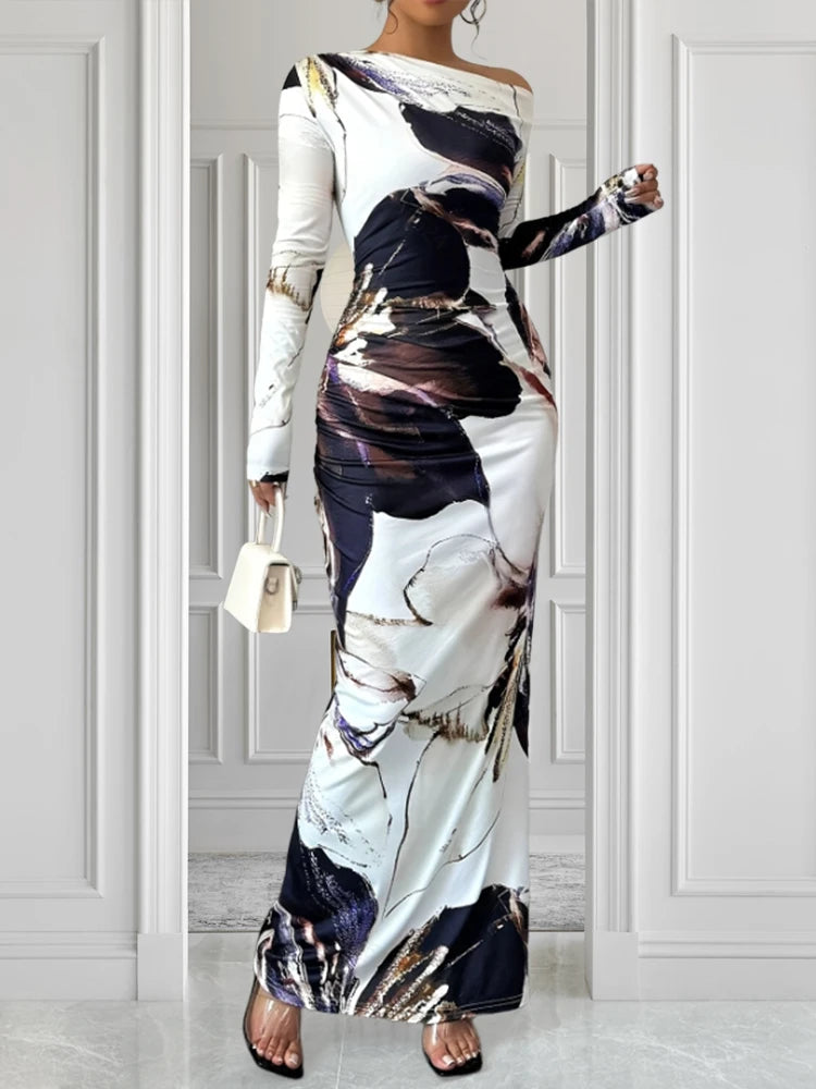 Fashionable Elegant Slim Fit Printed Long Dresses For Women Sexy Slanted Shoulder Long Sleeved Dress Spring Summer 2025 New