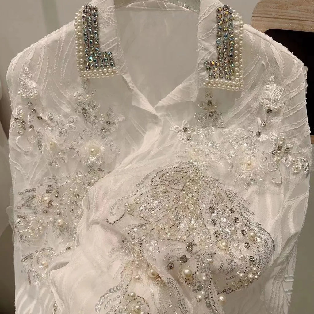 Luxury Diamonds Sequined Embroidery Blouses Shirts Women 2026 Spring New Long Sleeve Shirts Fashion Causal Tops Camisas De Mujer